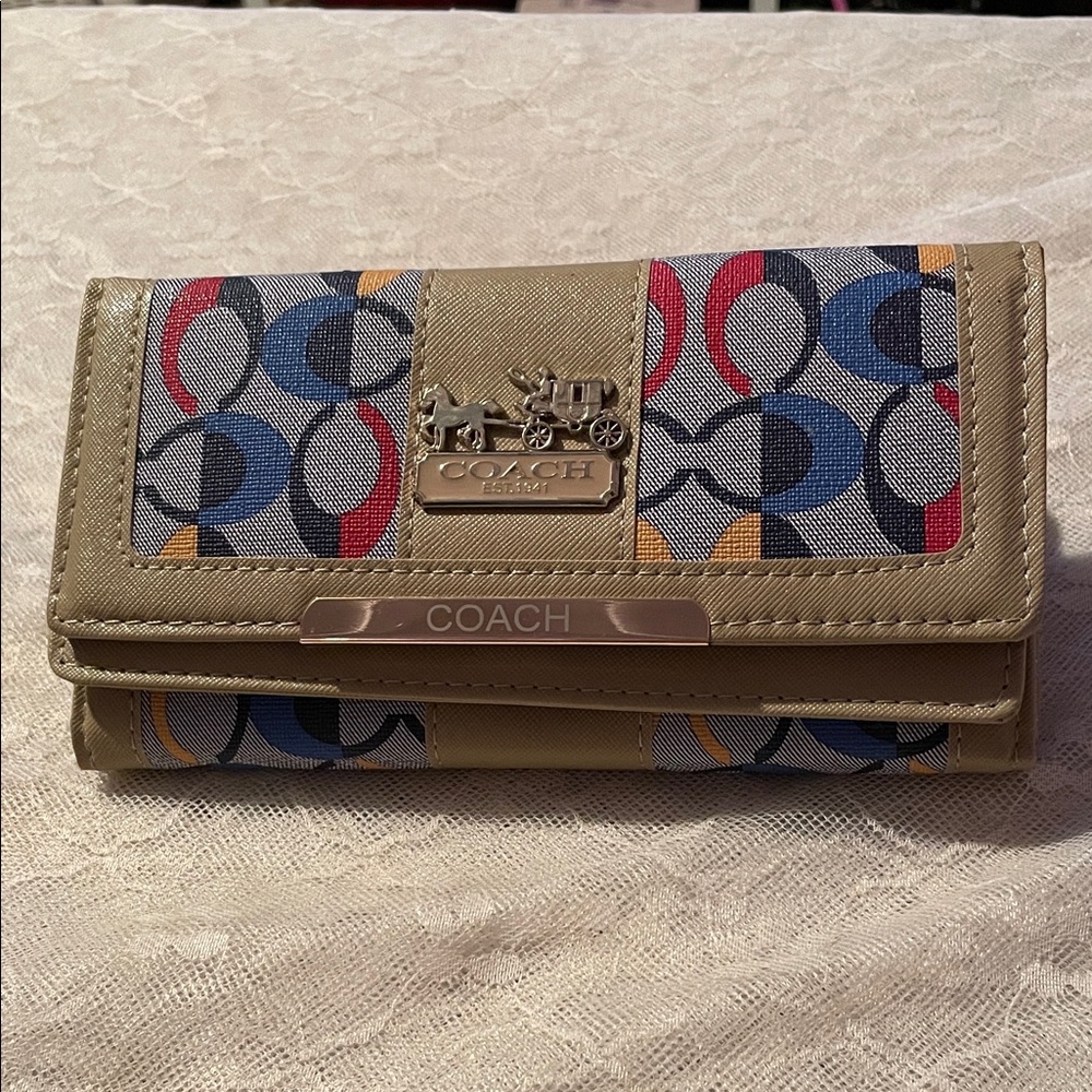 Coach Signature Multicolor Canvas and Tan Leather Trifold Wallet